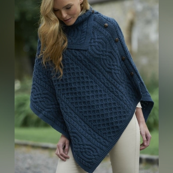 Aran Crafts Sweaters - Aran Crafts Ireland Mallard Blue Cable Knit Merino Wool Cowl Poncho Sweater - 10